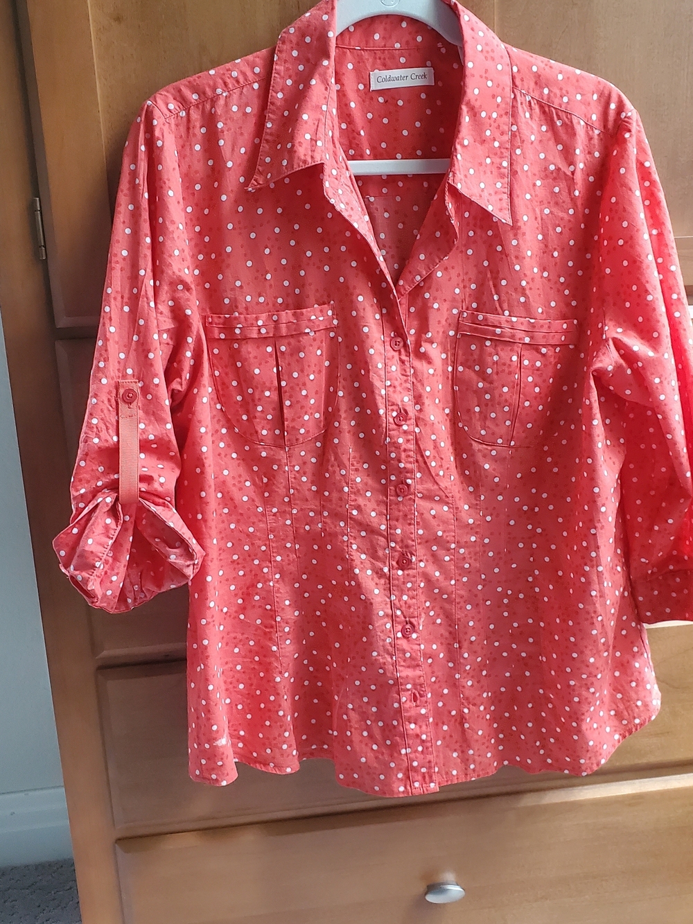 Coldwater Creek Coral Polka Dot Button Front Shirt